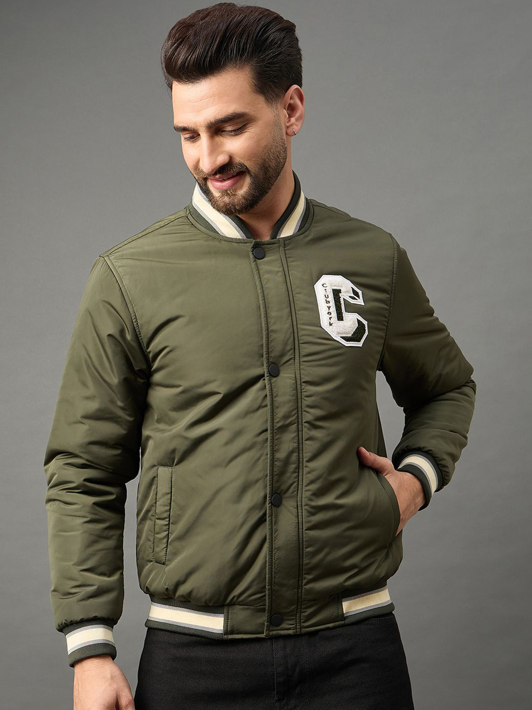 Club York Men Solid Patchwork Stand Collar Lightweight Bomber Jacket