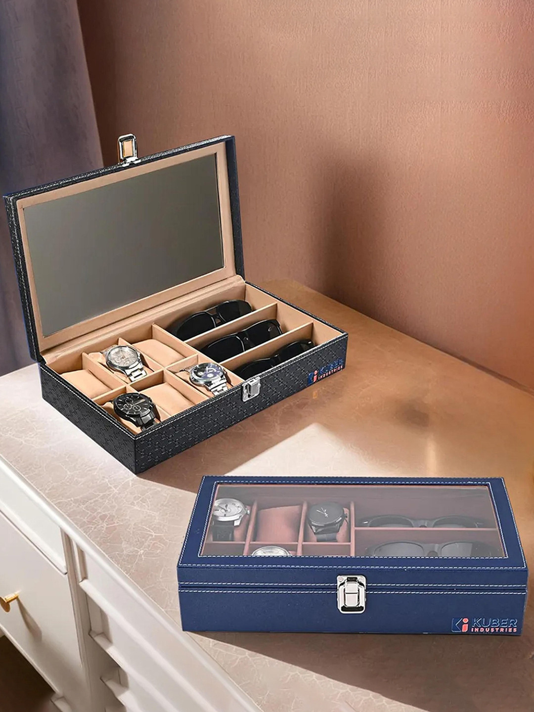 Kuber Industries 2 Pcs 6+3 Slots  Black Premium Faux Leather Wrist Watch Organisers box