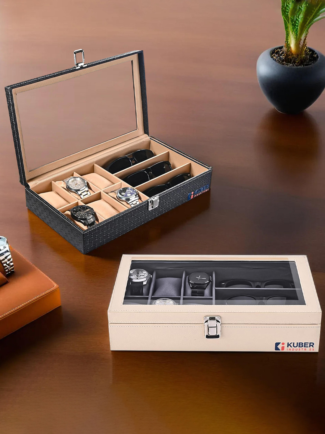 Kuber Industries Women 2 Pcs 6+3 Slots Leather watch box and sunglasses organizer