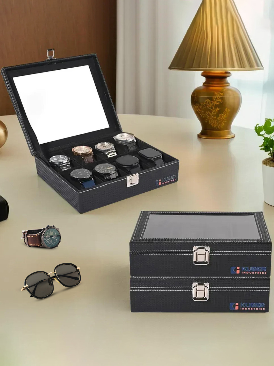 Kuber Industries Men 3Pcs 8 Slots Black Faux Leather Watch Box Organiser desk Storage