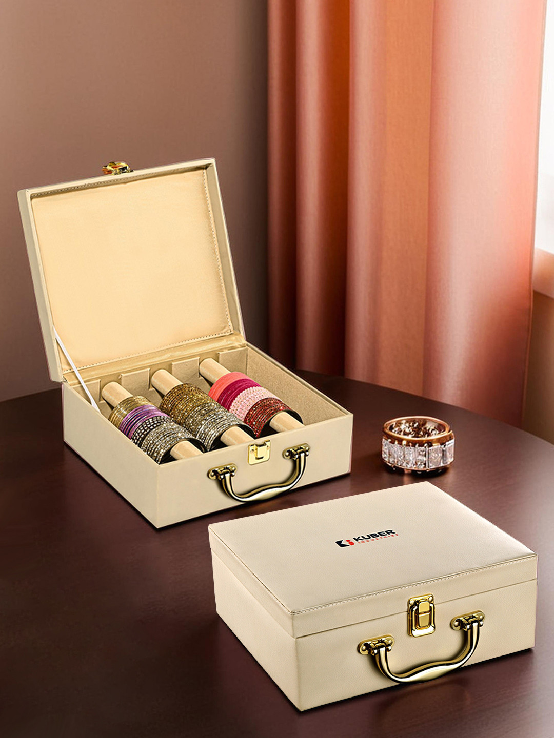Kuber Industries Beige Set of 2 Faux Leather Bangle Box Jewellery Organisers