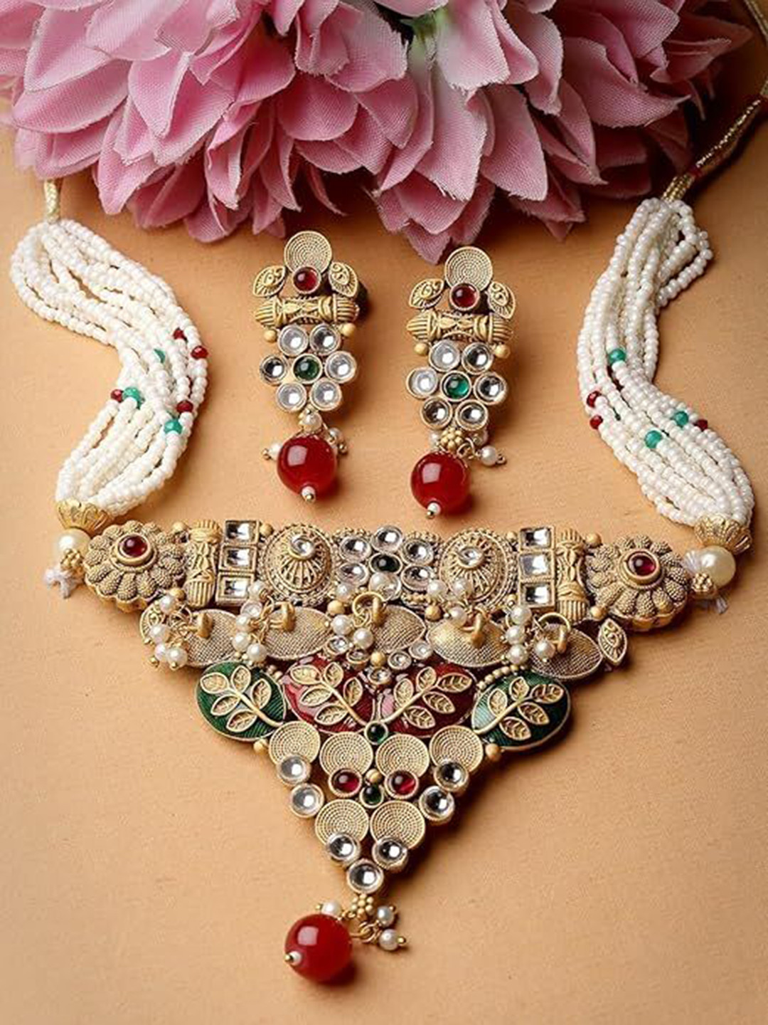 ORANGENYSHA Matte Gold-Plated Kundan-Studded & Beaded Floral Theme Jewellery Set