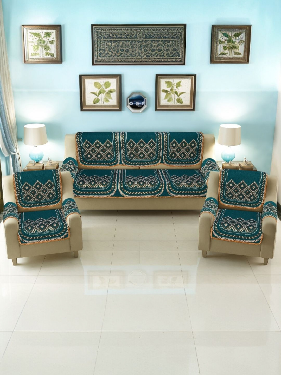 BIGGER FISH 6 Pieces 5 Seater Checked Cotton Sofa Cover With Arms