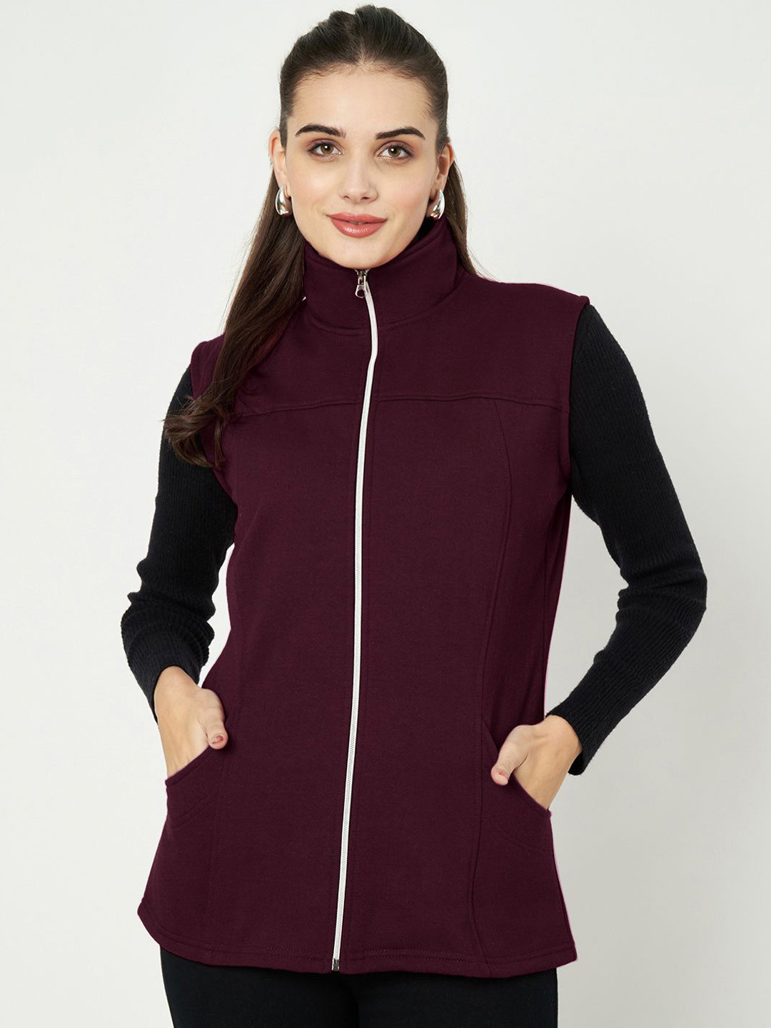BRINNS Women Solid Mock Collar Fleece Tailored Jacket