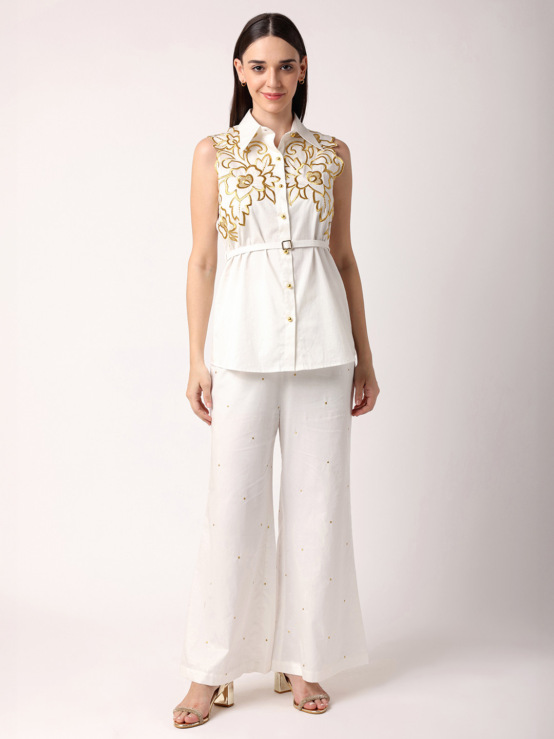 BLANC9 White & Gold-Toned Floral Embroidery Shirt Collar Pure Cotton Tunic With Trousers