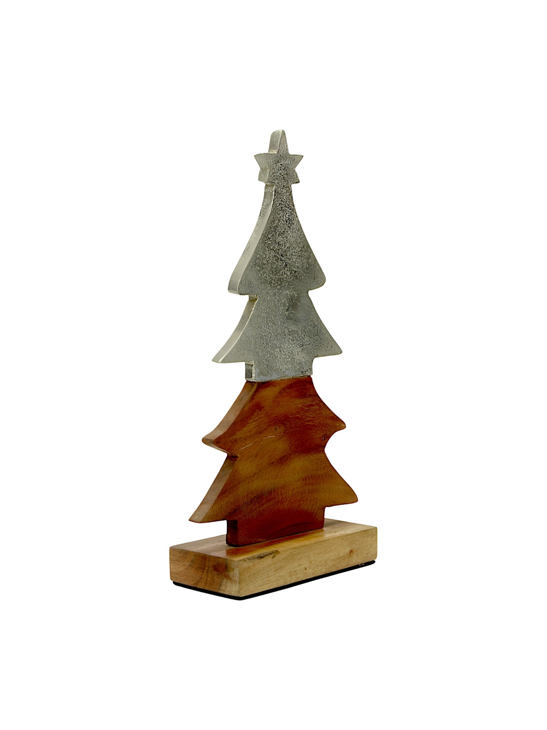 Hind Decor Silver Toned & Brown Christmas Tree On Wooden Base