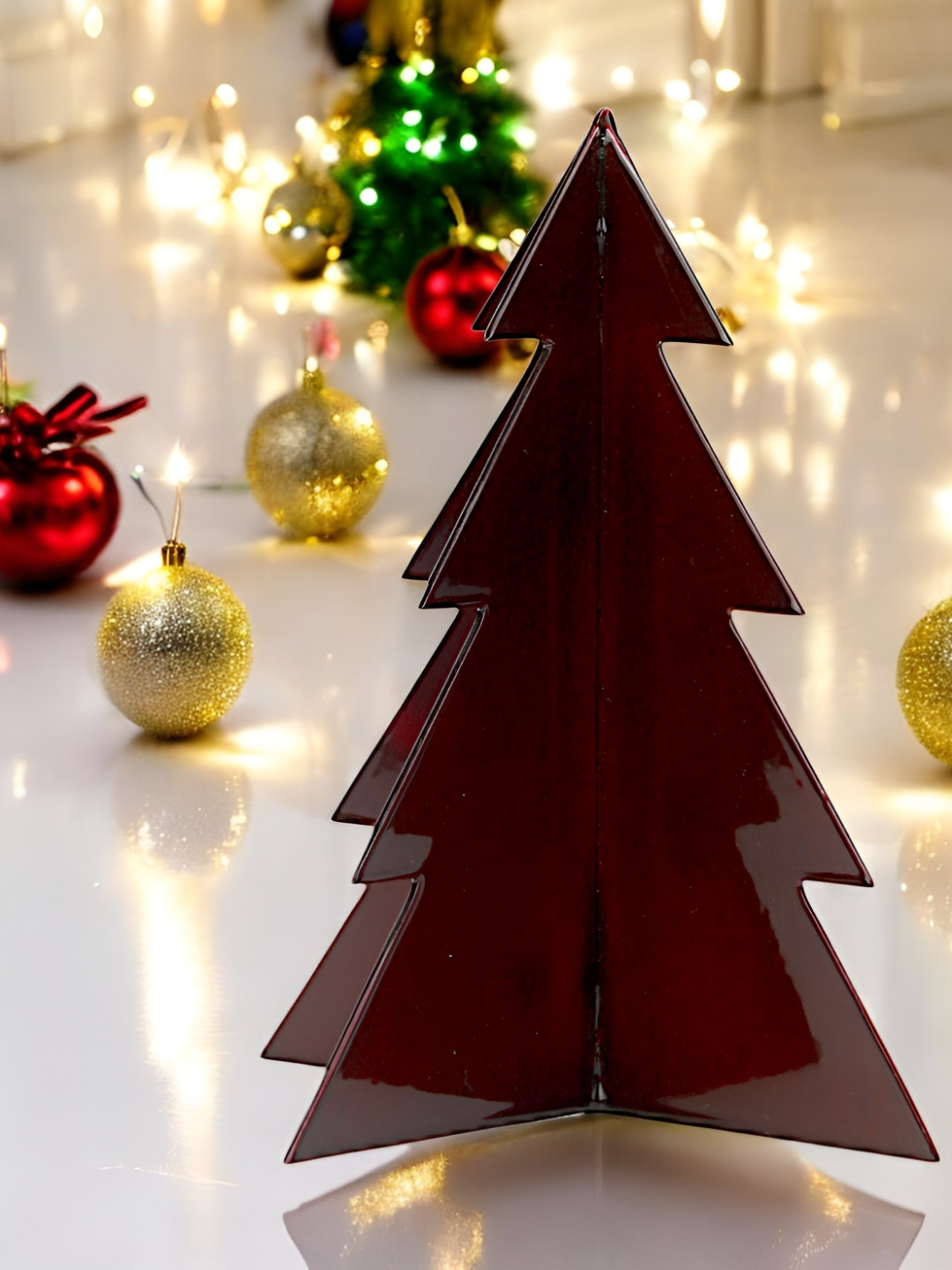 Hind Decor Christmas Tree Red Metal Metallic Prayer Room Hand-Crafted Medium Showpiece - 6.1 Inches