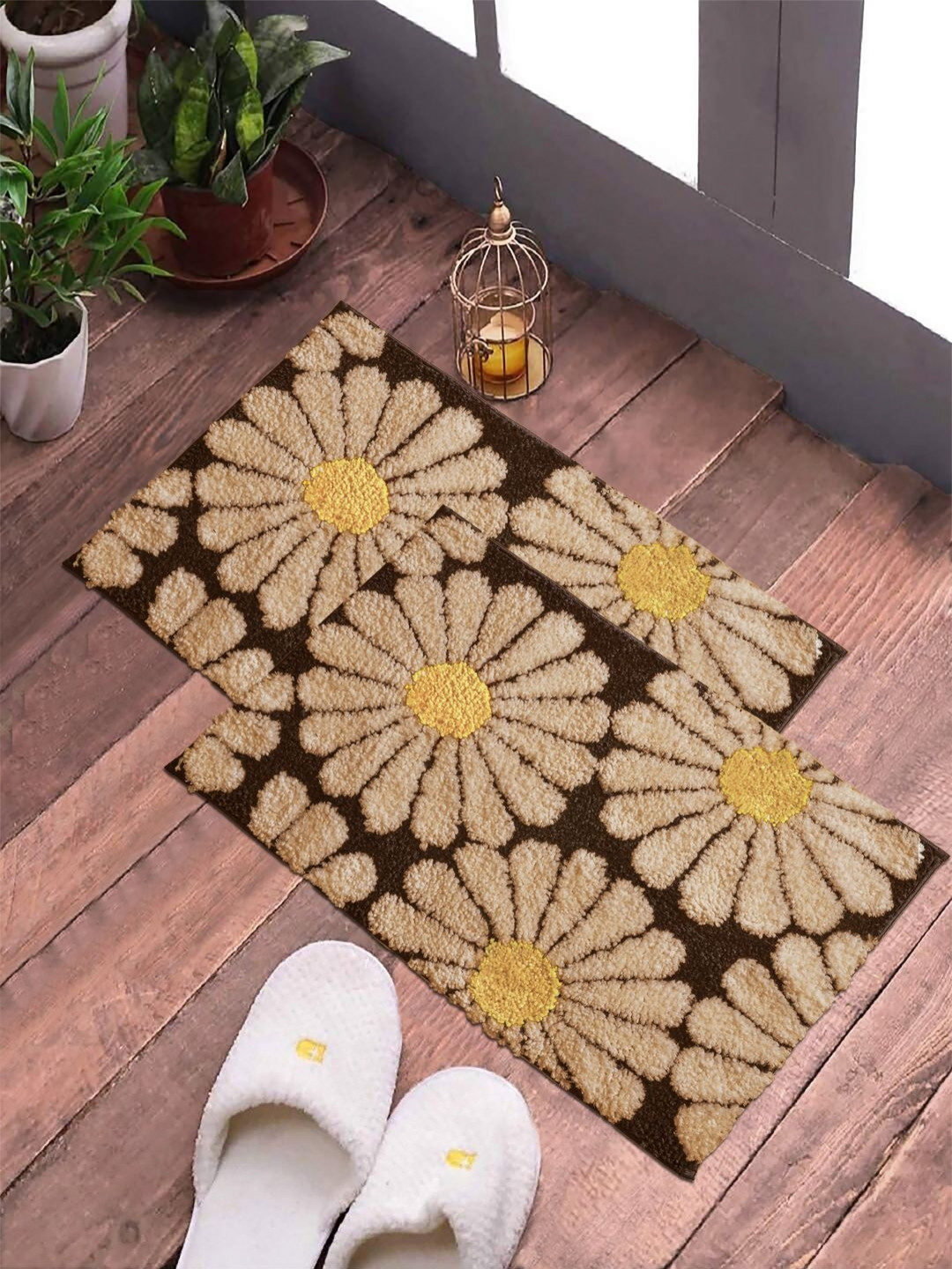 FABINALIV Brown and Beige 2 Pieces Floral Printed Anti Skid Door Mats
