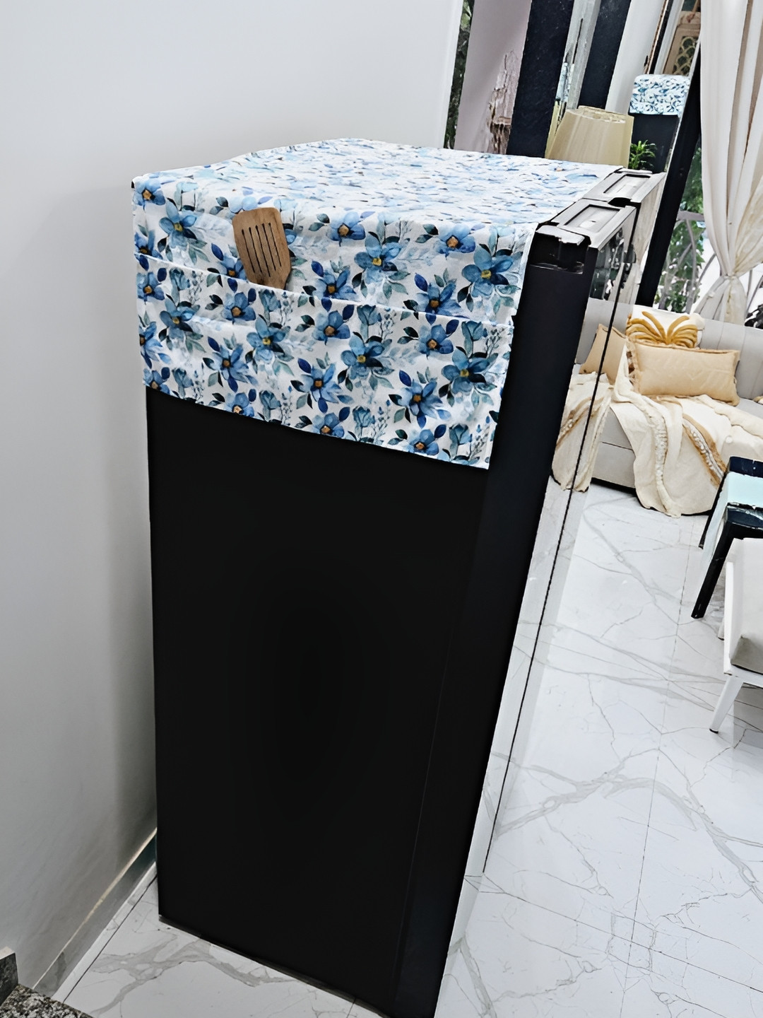 THROWPILLOW Blue and White Floral Printed Refrigerator Cover