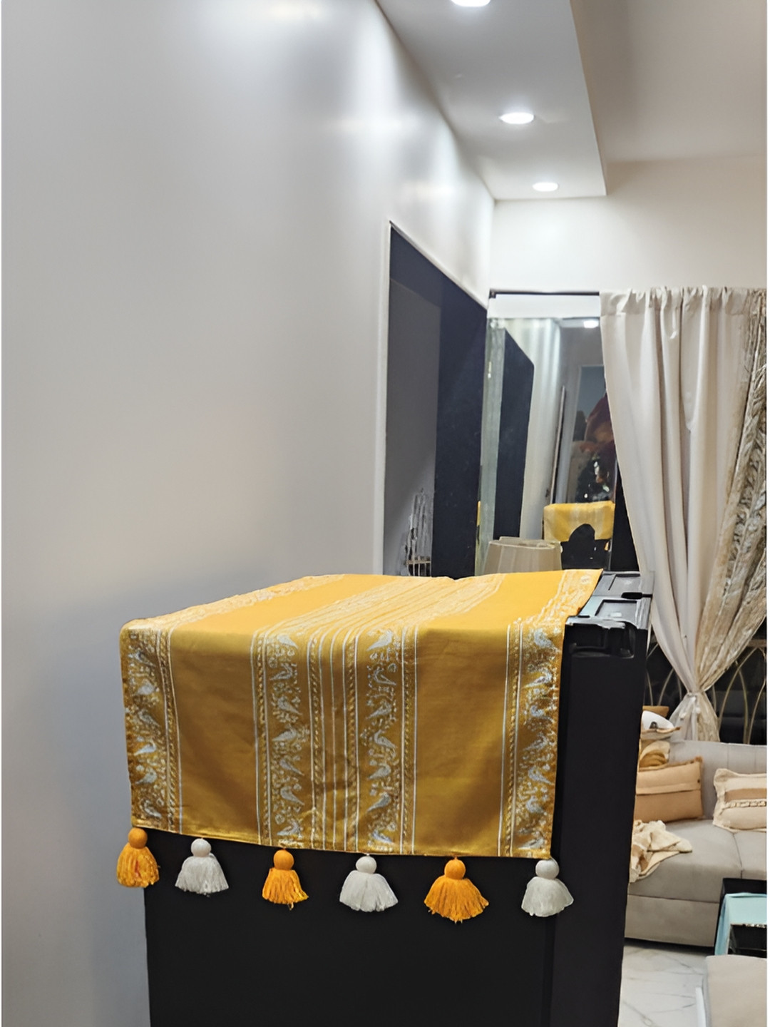 THROWPILLOW Mustard Yellow and White Geometric Printed Fridge Cover