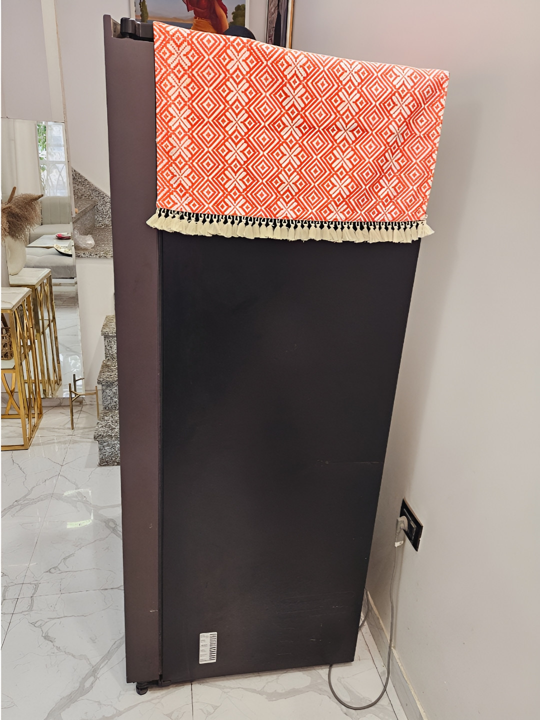 THROWPILLOW Orange-Coloured and White Geometric Printed Fridge Cover
