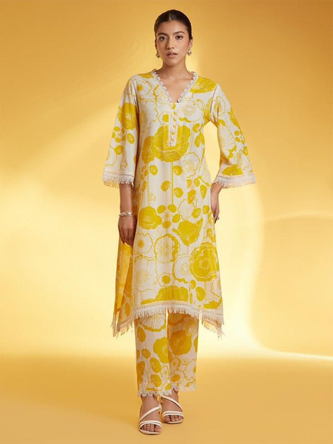 Lookmark Floral Printed V-Neck Flared Sleeves Lace Straight Kurta With Trousers