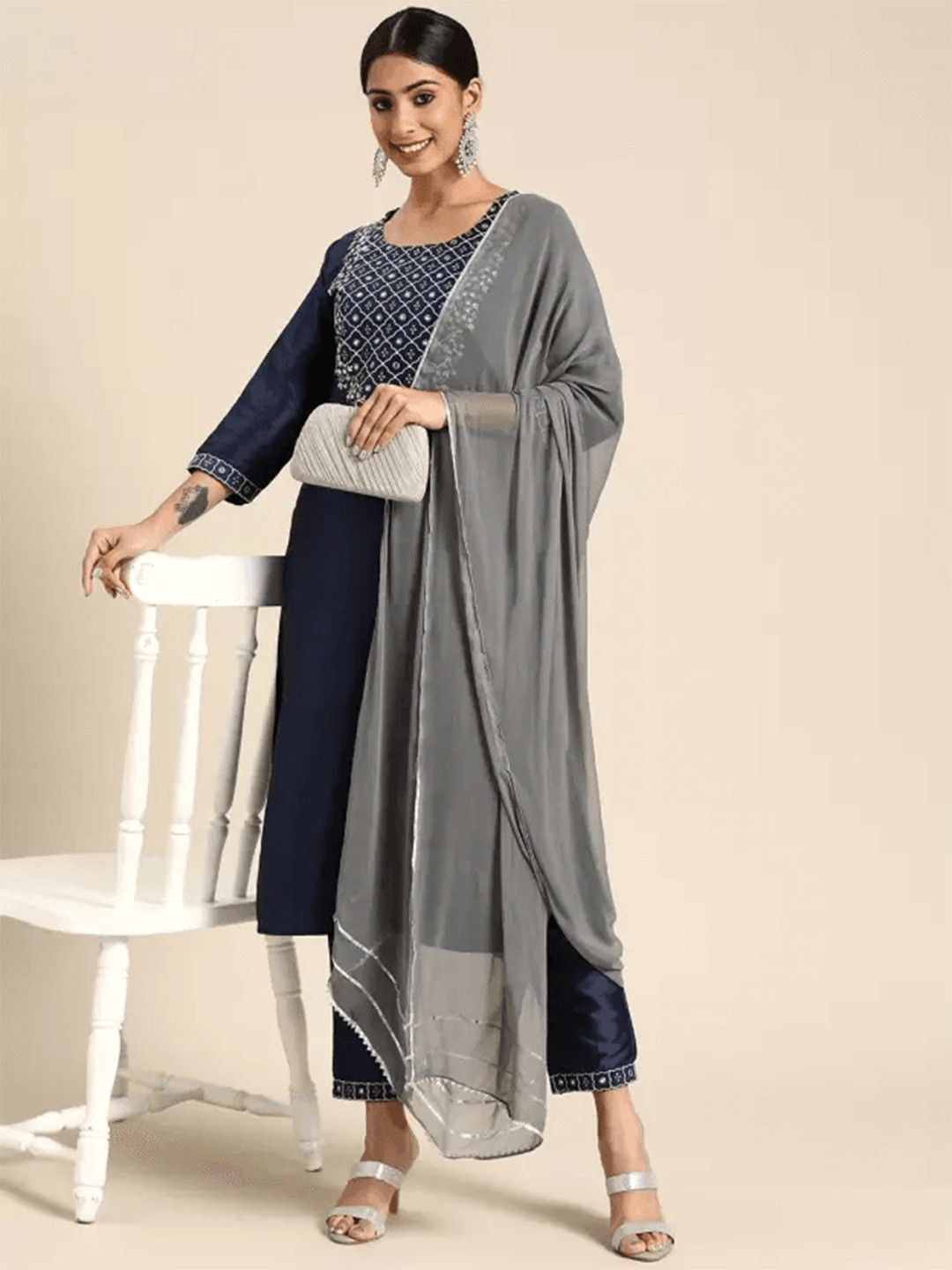Lookmark Ethnic Motifs Yoke Designe Mirror Work Straight  Kurta with Palazzos &  Dupatta