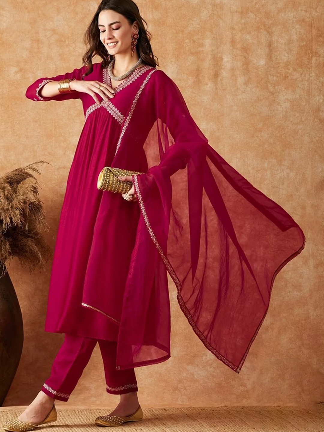 Lookmark Pink Floral Yoke Design Pure Georgette Anarkali Kurta & Trousers & Dupatta