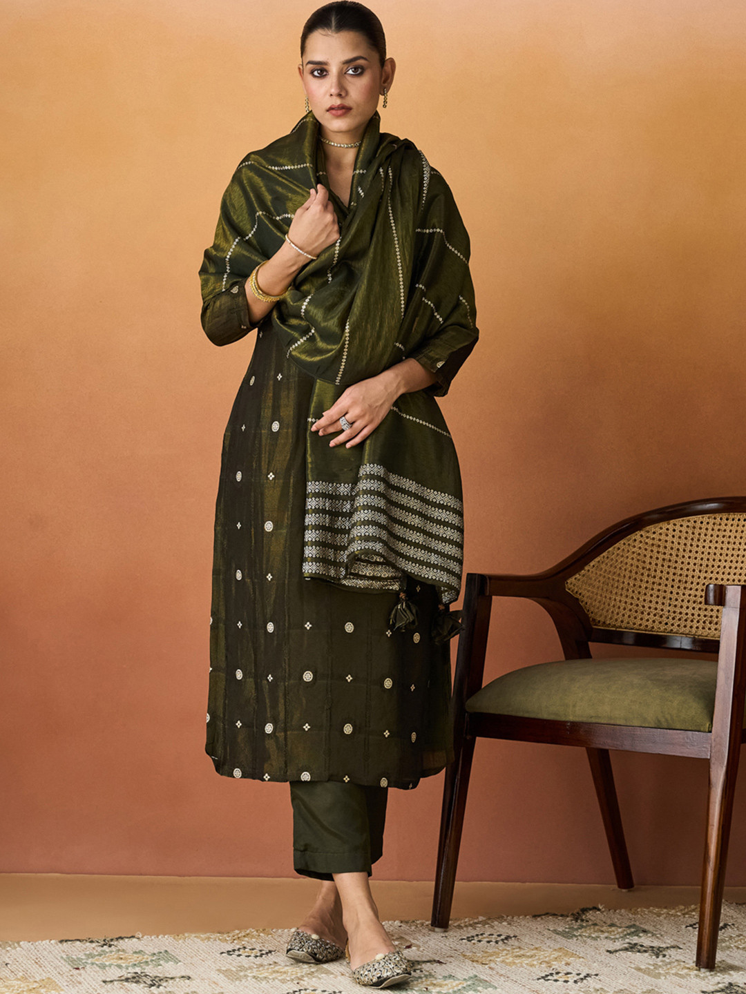 KALINI Ethnic Motifs Embroidered V Neck Straight Kurta With Trousers And Dupatta