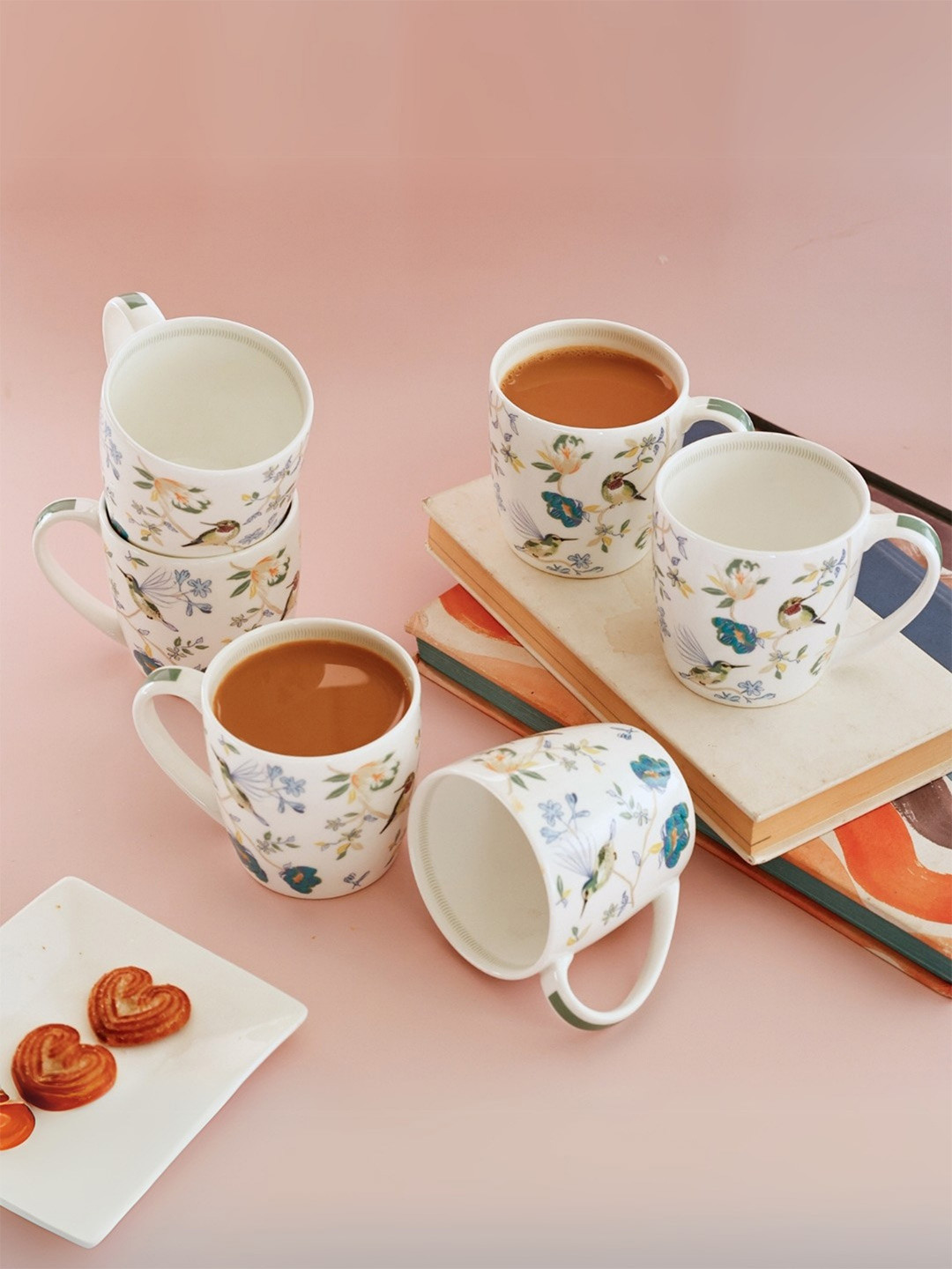 CLAY CRAFT Signature Windows White Floral Ceramic Microwave Safe 6 Piece Cups-220ml