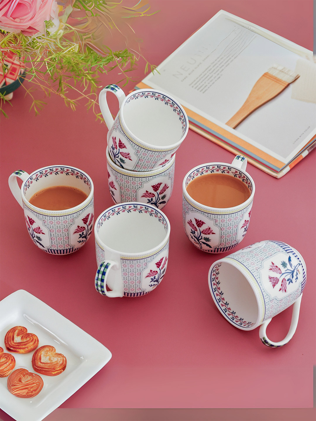 CLAY CRAFT Magique By The Wishing Chair White & Blue 6 Pieces Tulip Garden Zeal Cups 250ml