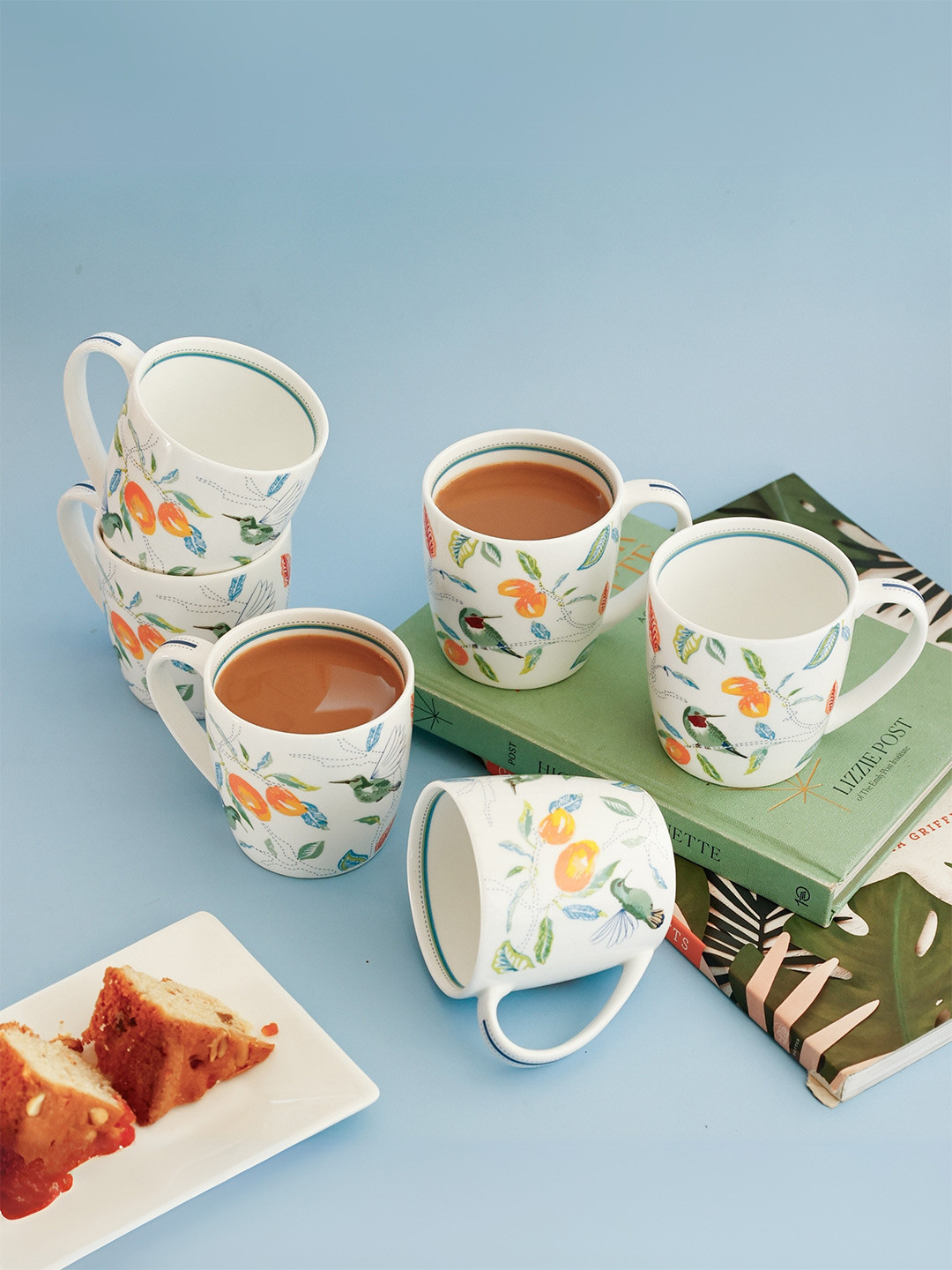 CLAY CRAFT Wide Heart White Ethnic Motifs Ceramic Microwave Safe 6 Piece Cups-220ml