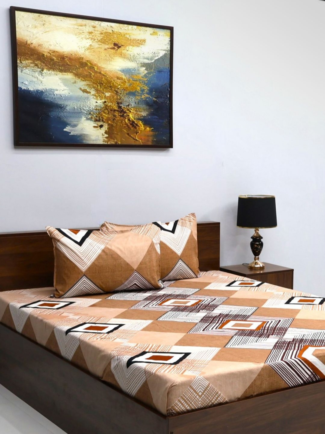 Steve & Anderson Tropical Keri Design Brown Geometric Microfiber 140 TC Queen Bedsheet with 2 Pillow Covers-225 x 250 cm