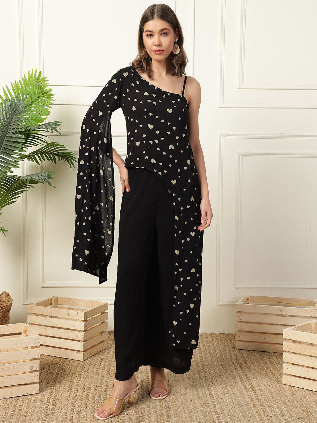 DEEBACO Heart Printed One Shoulder Tunic With Palazzo