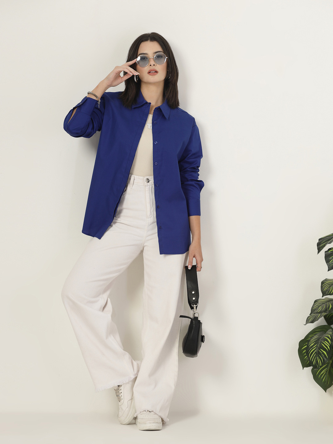 Style Quotient Women Relaxed Oversized Fit Spread Collar Solid Cotton Casual Shirt