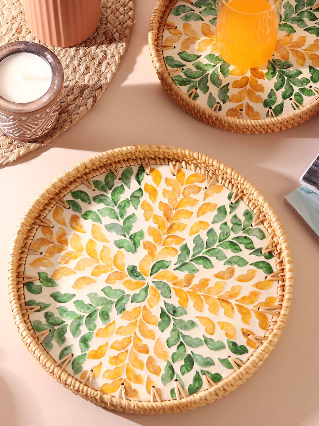 HABERE INDIA White & Yellow Bamboo Round Shaped Serving Tray