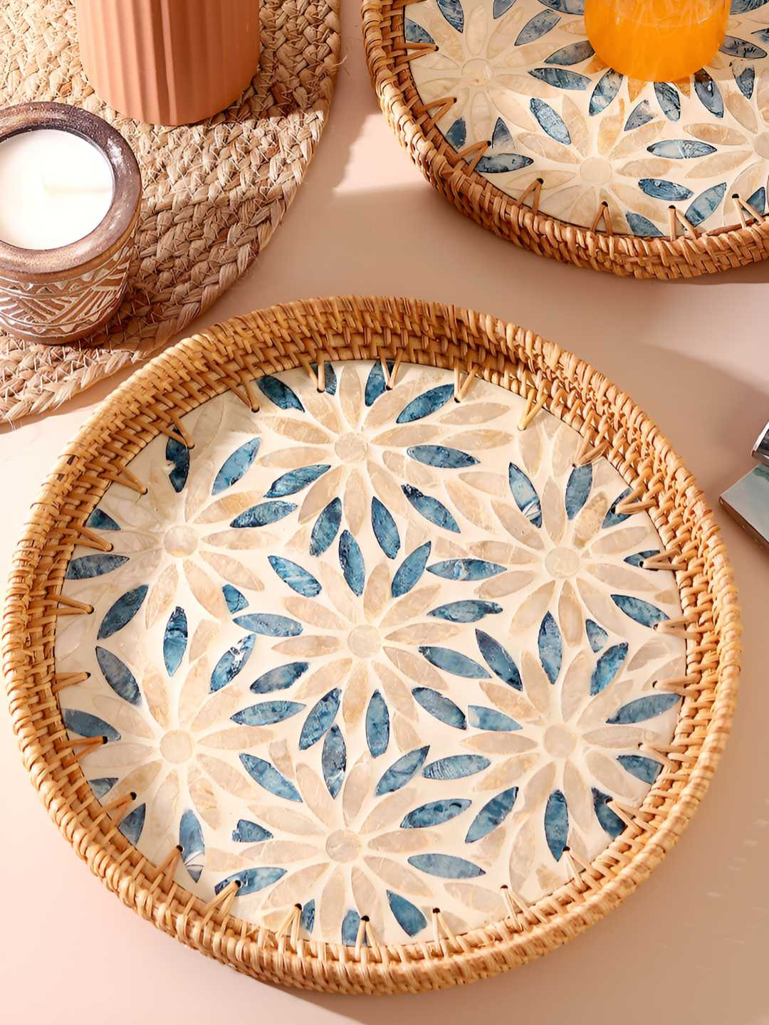HABERE INDIA White & Blue Bamboo Serving Tray