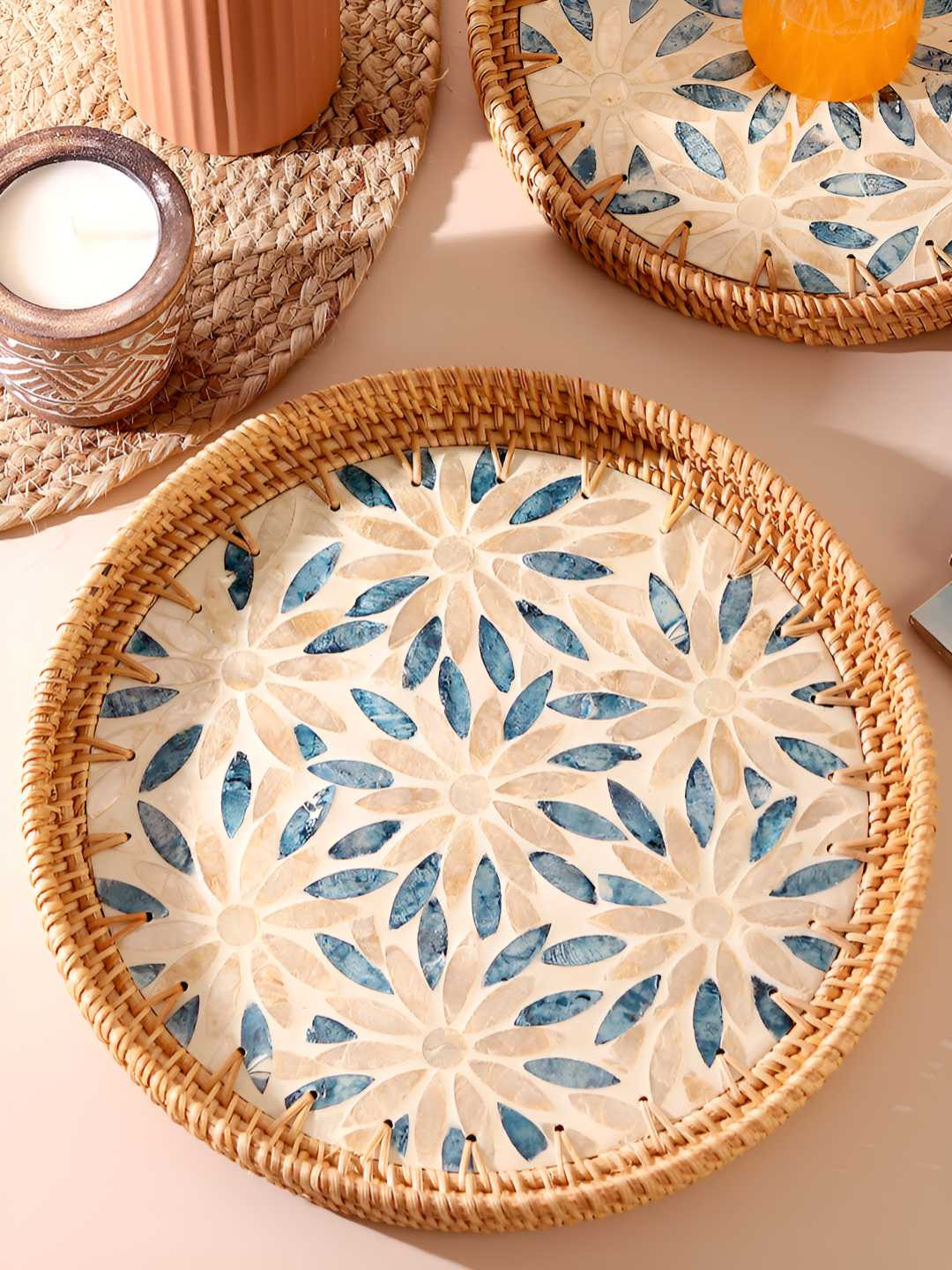 HABERE INDIA Teal & White Bamboo Round Shaped Serving Tray