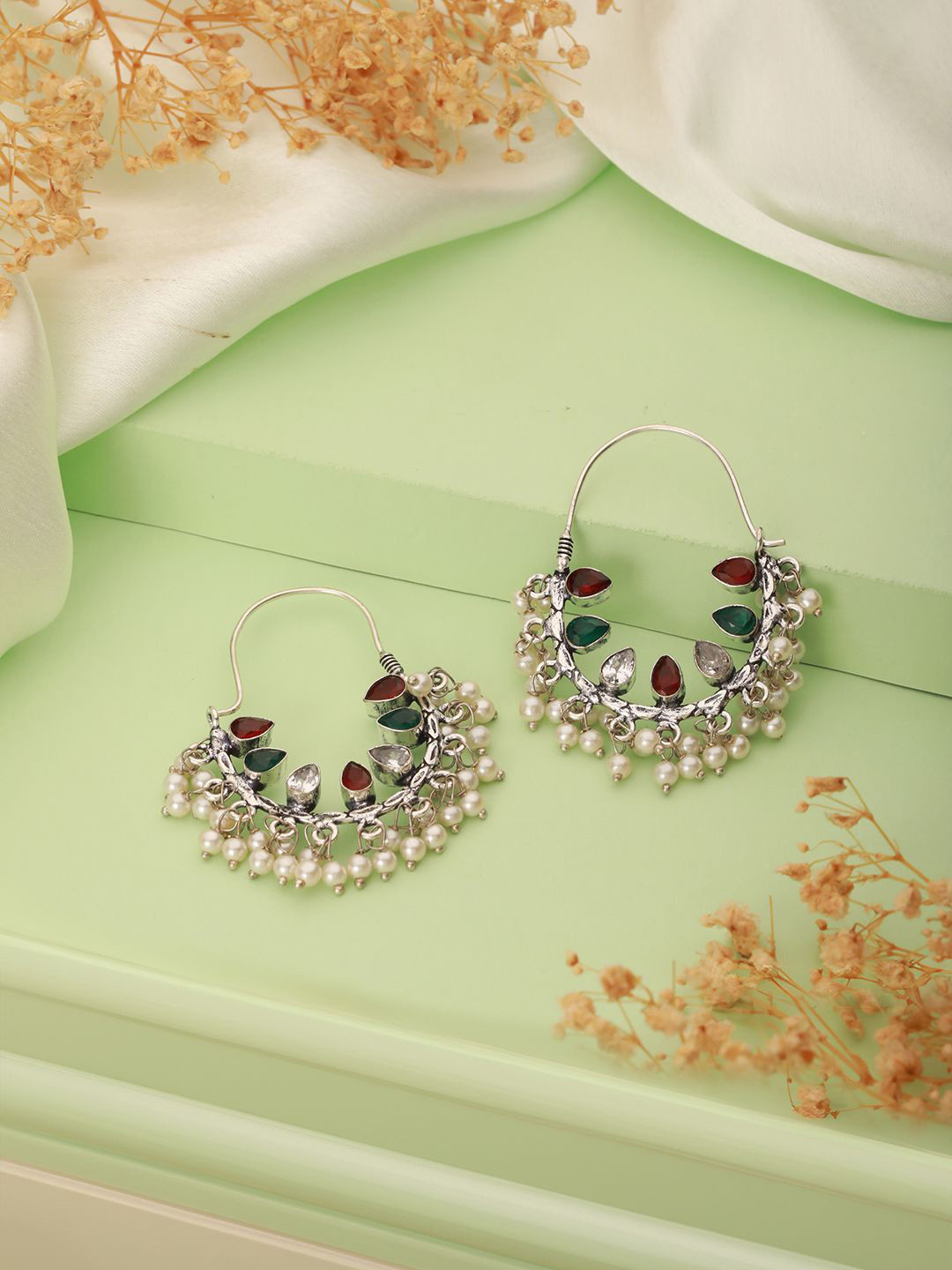 Saraf RS Jewellery Silver-Plated American Diamond Studded Spherical Shaped Chandbalis
