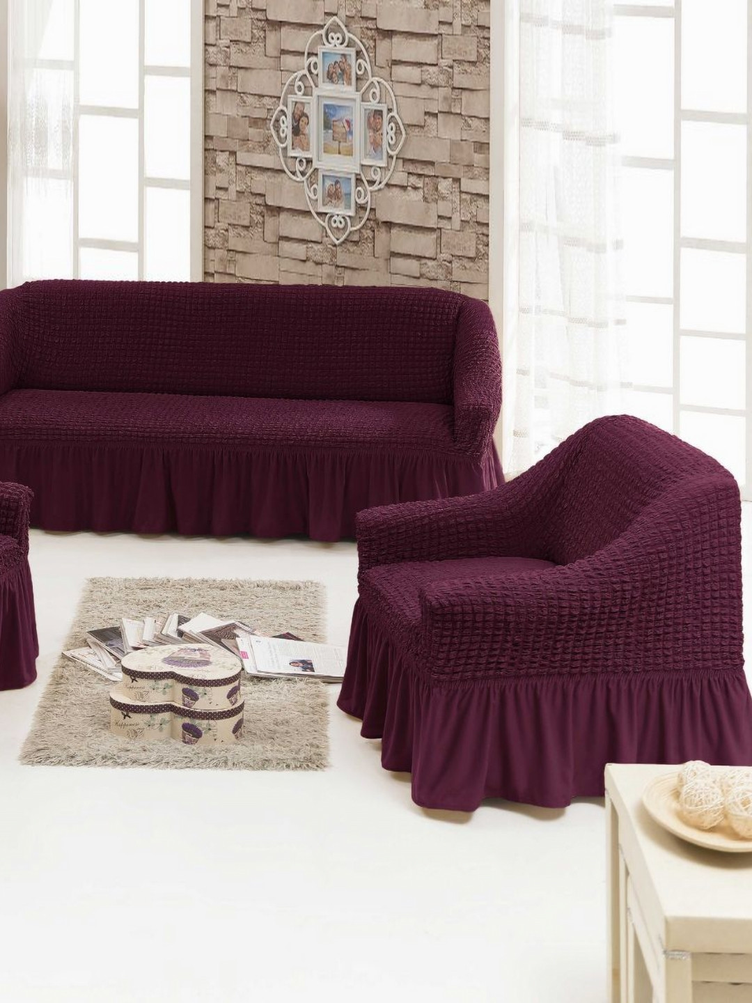 MULTITEX Burgundy Geometric Polyester Washable 3PC Straight 5 Seater Sofa Cover-33x71x33In