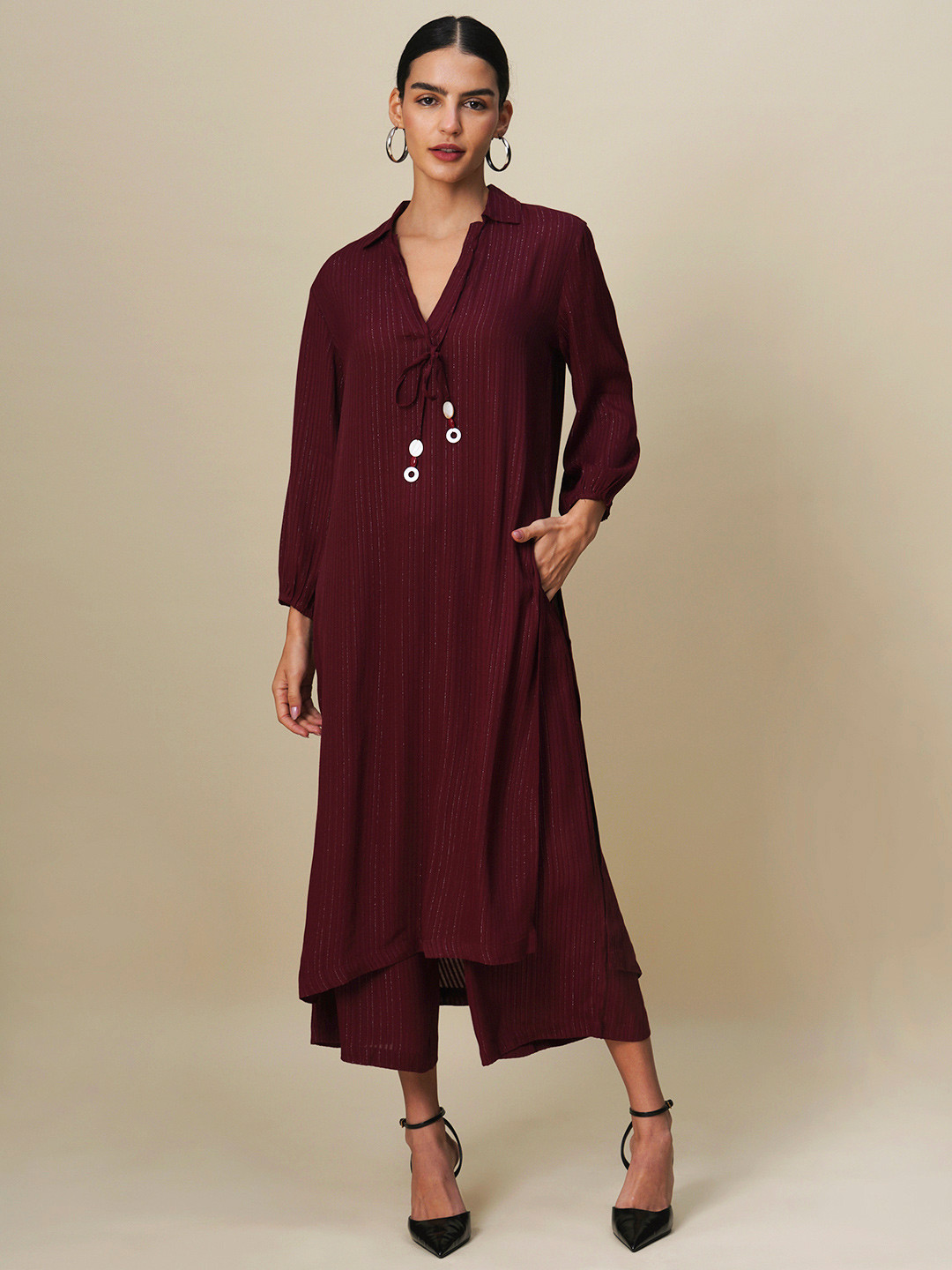 Modern Indian by CHEMISTRY Striped Shirt Collar Kurta With Palazzos