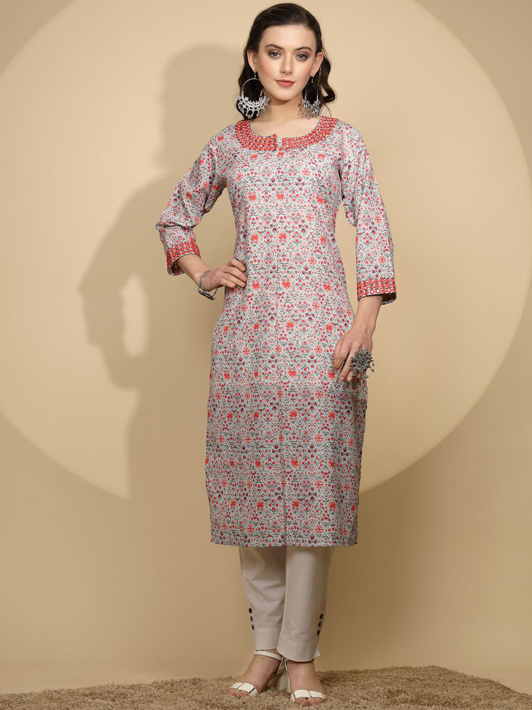 Me&I Floral Printed Notch-Neck Mirror Work Straight Kurta