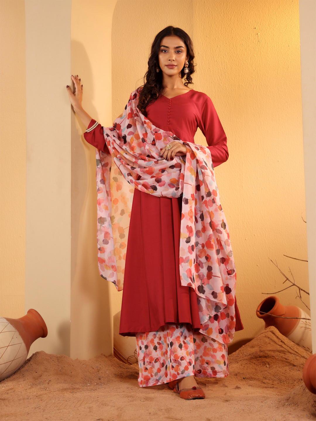 Varanga Maroon V-Neck Long Sleeves Anarkali Kurta With Palazzo & Dupatta