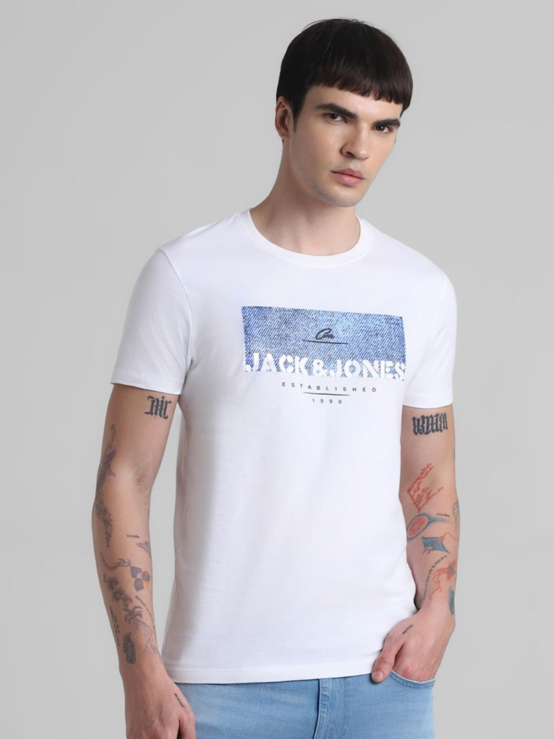 Jack & Jones Men JJDI FABIAN Typography Printed Round Neck Cotton T-shirt