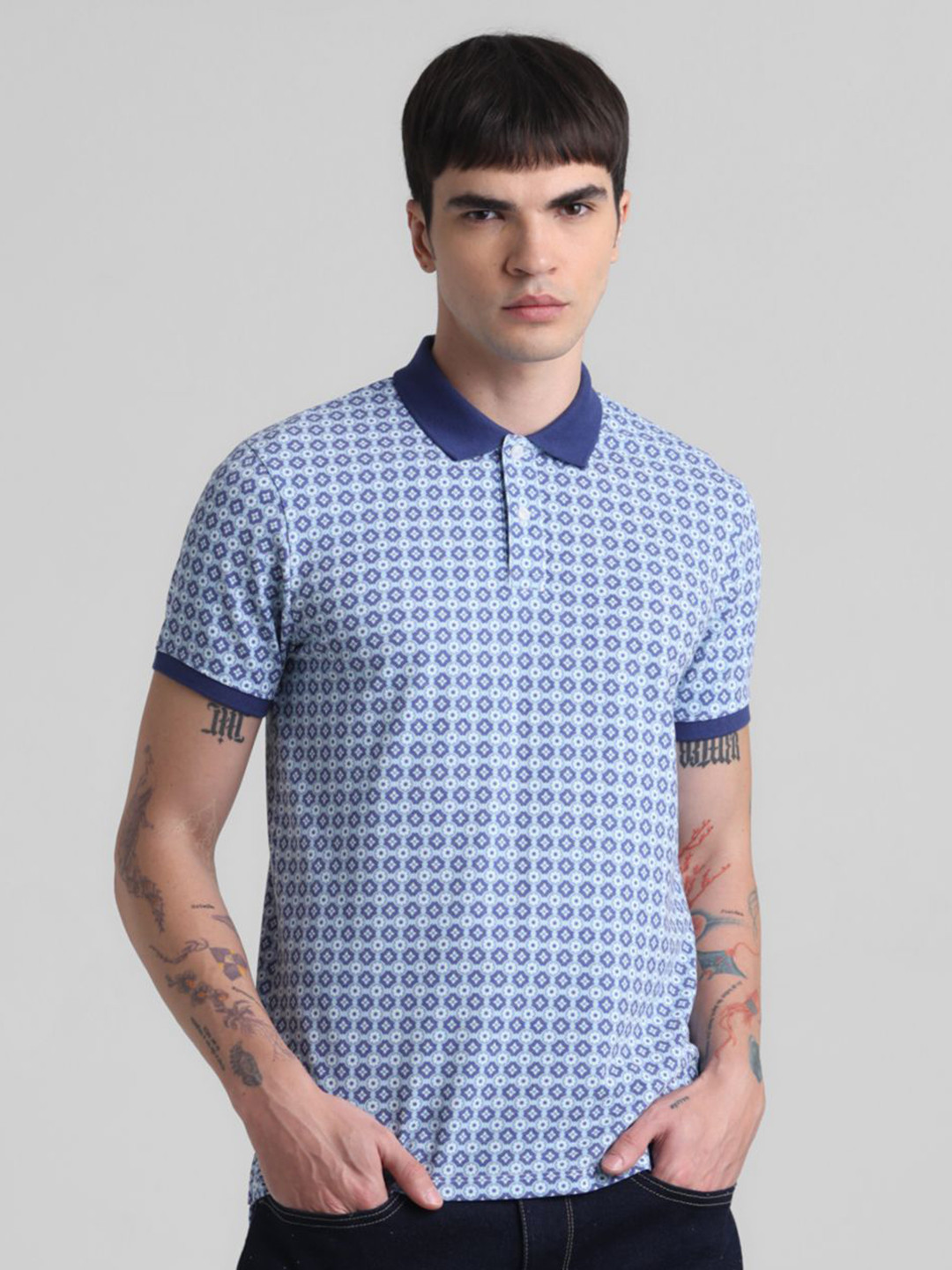 Jack & Jones Men JJDI IRIS Geometric Printed Polo Collar Cotton T-shirt