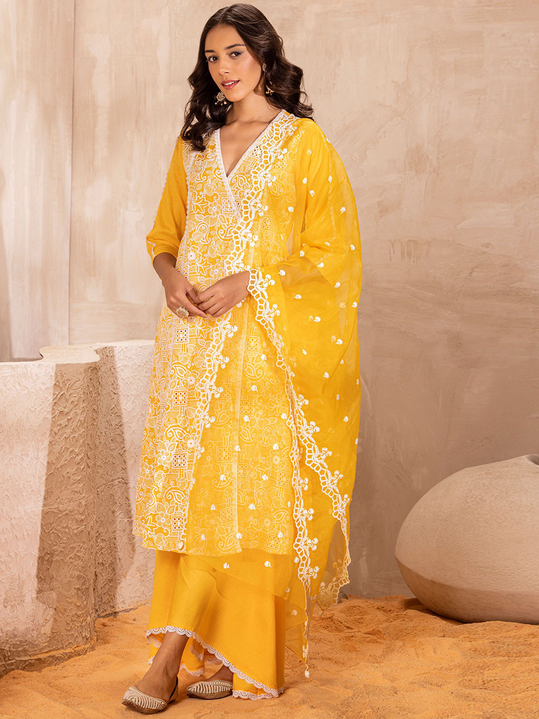 SEW Embroidered Thread Work Angrakha Pure Cotton A-Line Kurta With Palazzos & Dupatta