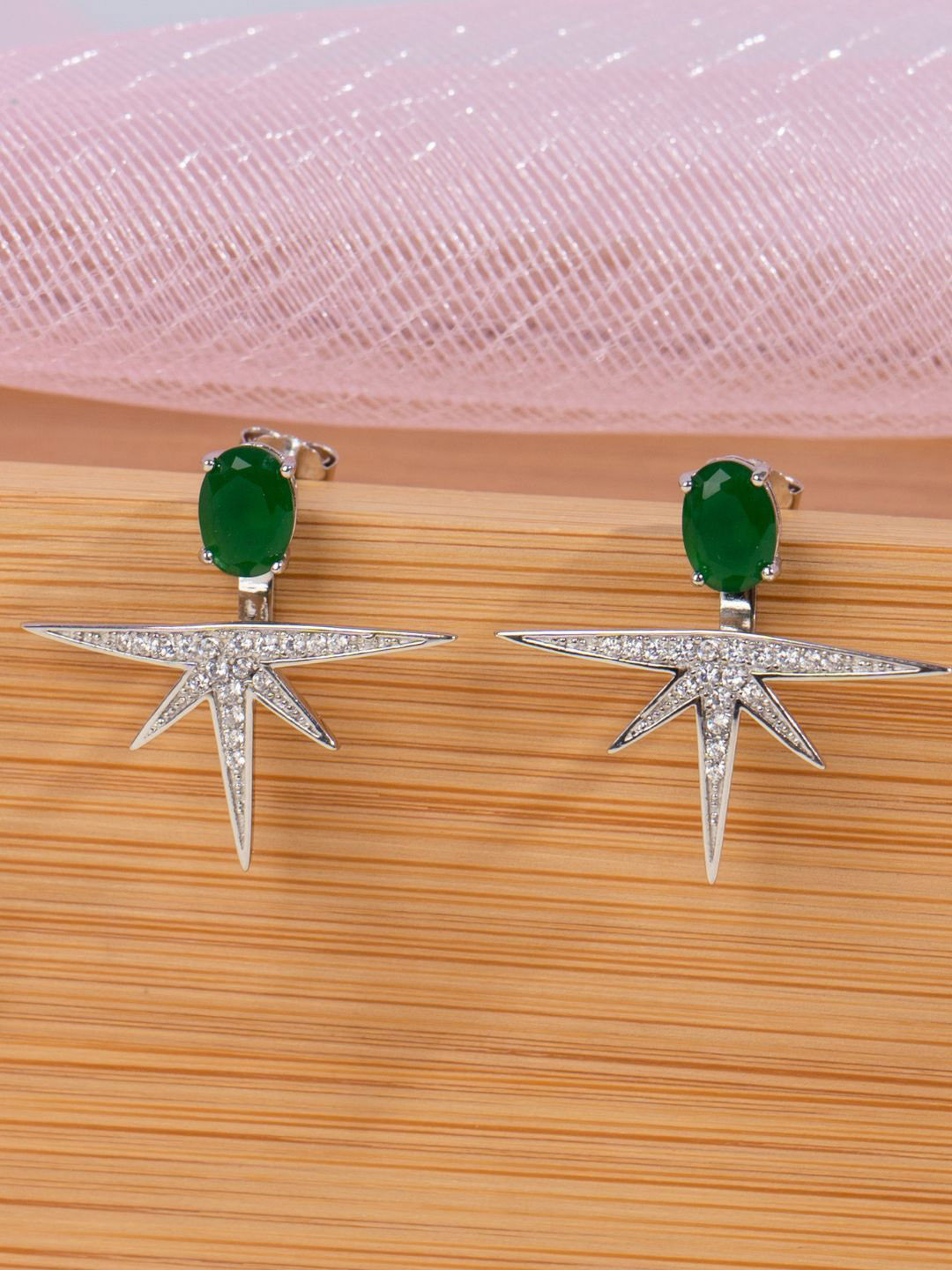 GLYTERS Silver Zircon And Jade Studded Contemporary Drop Earrings