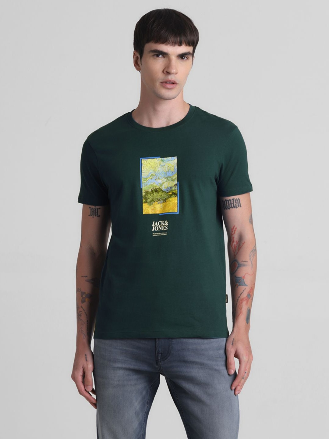 Jack & Jones Men JJDI LEUVEN SS Graphic Printed Round Neck Cotton T-shirt