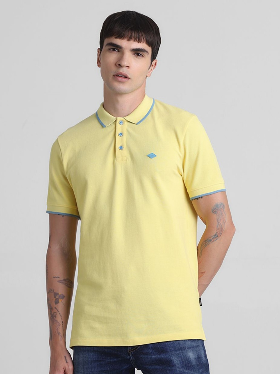 Jack & Jones Men JJDI ALFRIC Solid Polo Collar Cotton T-shirt