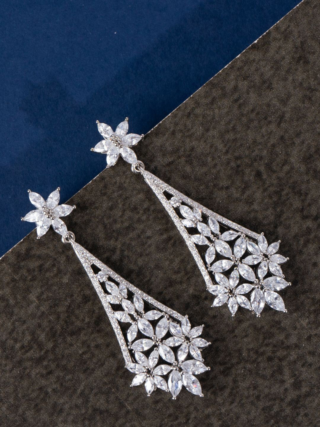 GLYTERS Starlit Silver Zircon Studded Contemporary Drop Earrings