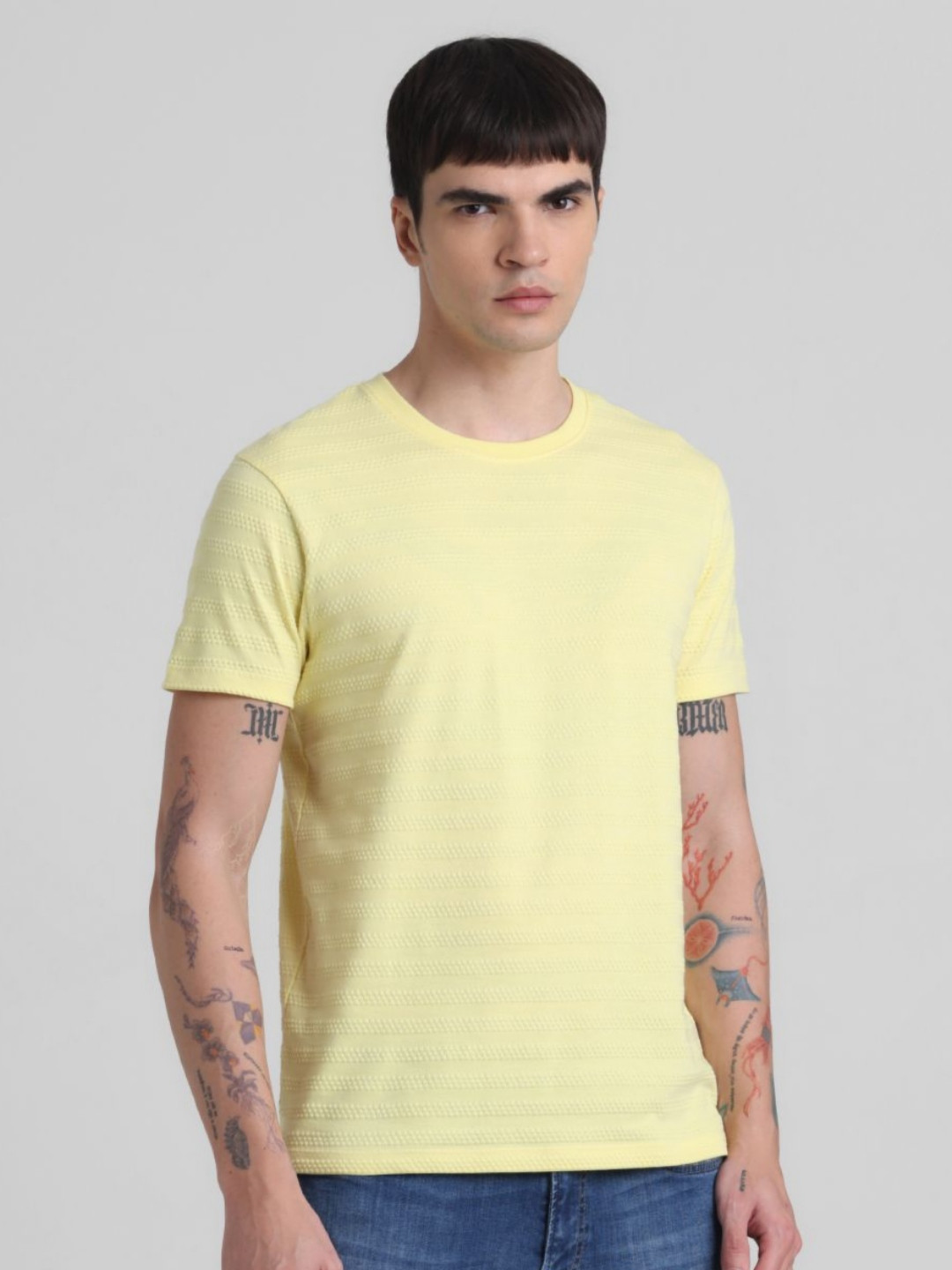 Jack & Jones Men JJDI CODY Self Design Round Neck Cotton T-shirt
