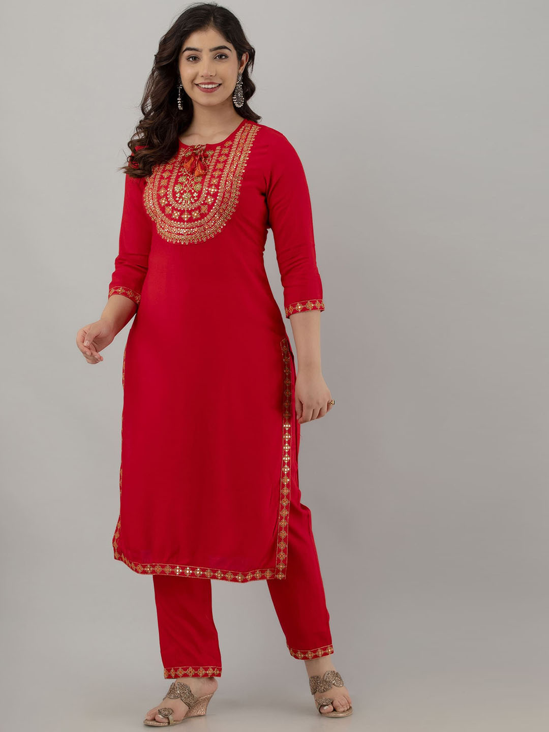 STYLE ANGEL Floral Embroidered Tie-Up Neck Sequinned Kurta With Trousers & Dupatta