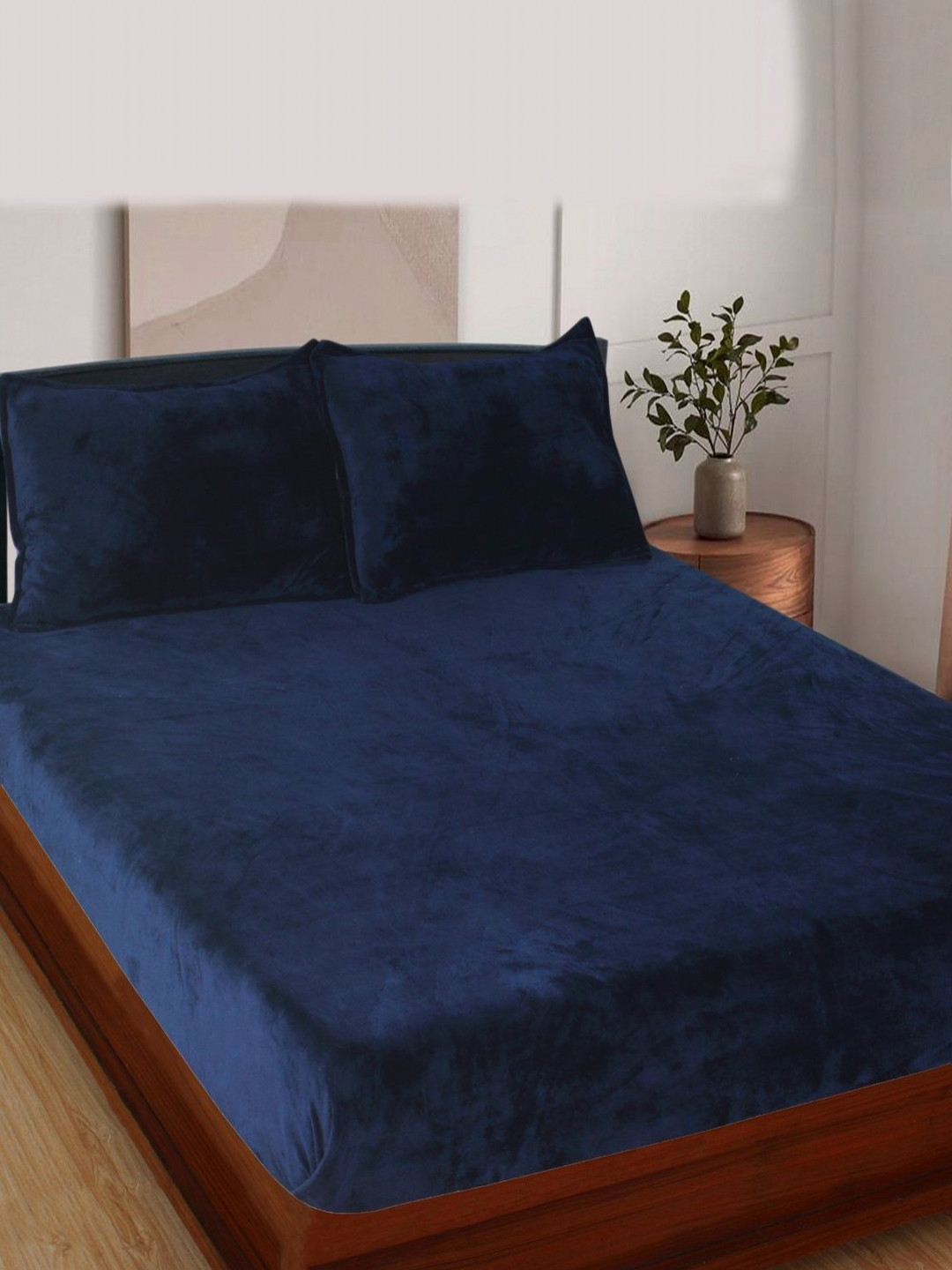 Nendle Solid Warm Navy Blue Wool 400 TC King Superfine Bedsheet with 2 Pillow Covers-90 x 100 inches