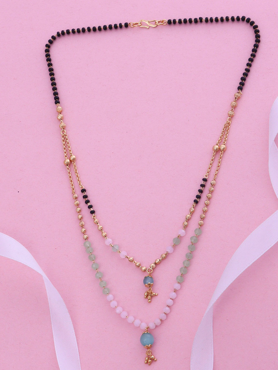 Ramdev Art Fashion Jwellery Gold-Plated Two Line Monalisa Crystals And Beads Mangalsutra