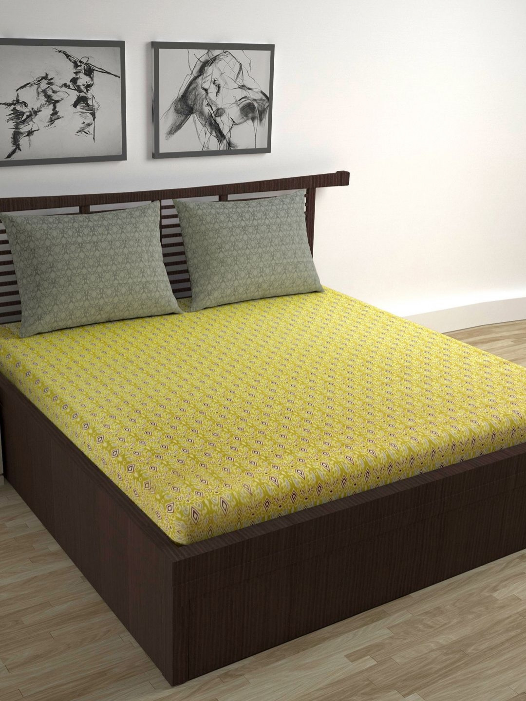 Divine Casa Trident Mustard Graphic Pure Cotton Skin-Friendly 144 TC Queen Bedsheet with 2 Pillow Covers-100 x 87 inches