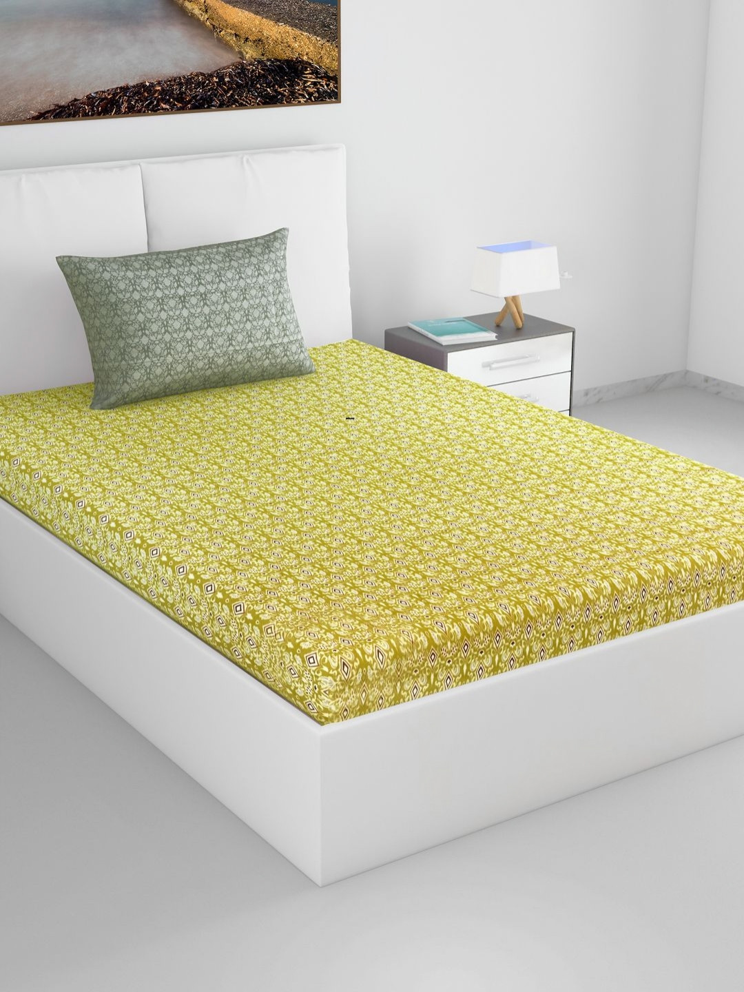 Divine Casa Trident Yellow Printed Pure Cotton  144 TC Single Bedsheet Set 2.23 m x 1.45 m