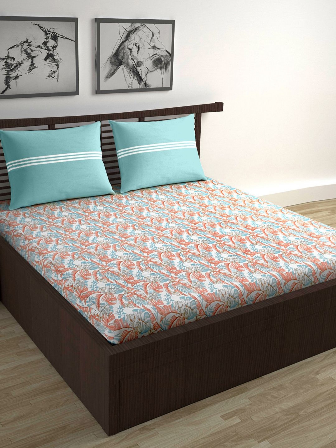 Divine Casa White Leaf Pure Cotton Skin-Friendly 144 TC King Bedsheet with 2 Pillow Covers-100 x 87 inches
