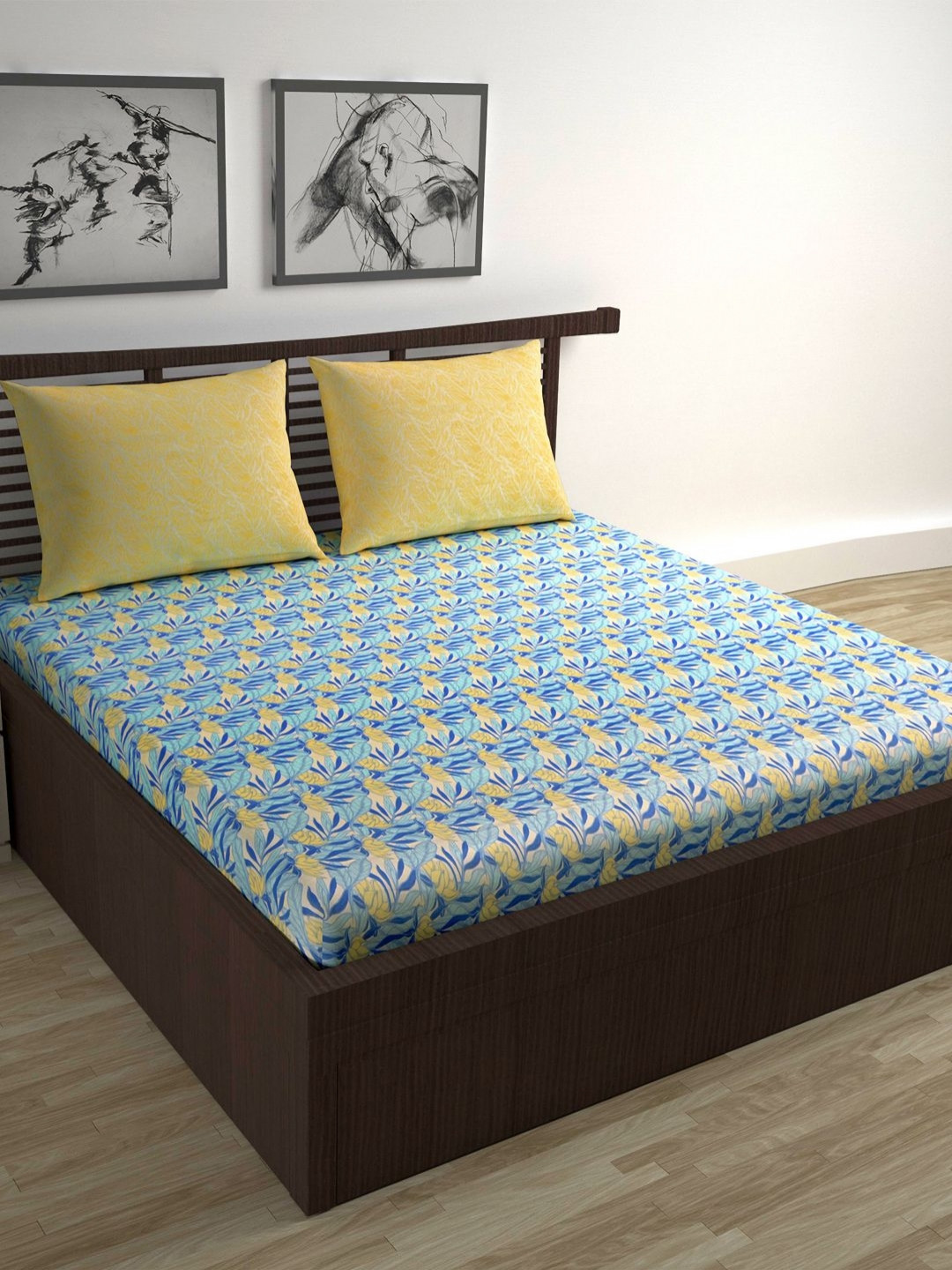 Divine Casa Yellow Floral Pure Cotton Skin-Friendly 144 TC Queen Bedsheet with 2 Pillow Covers-100 x 87 inches