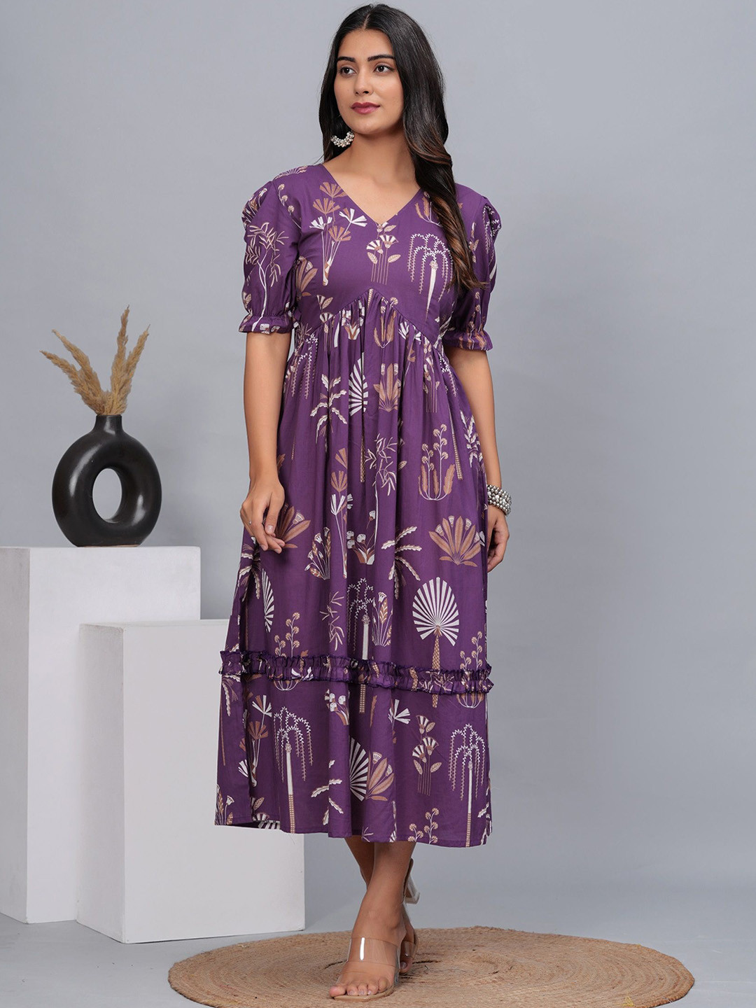 CTMTEX Women Floral Printed V-Neck Empire Ethnic Dress