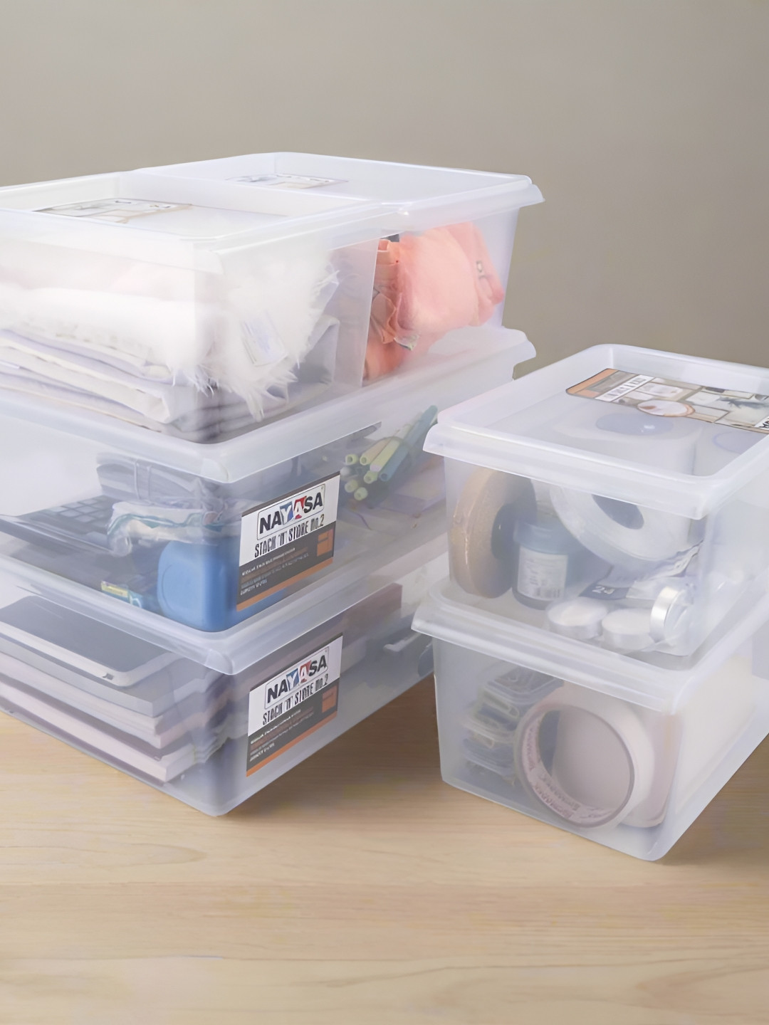 Nayasa Stack-N-Store Set Of 6 Transparent Multi-Purpose Storage Boxes with Lid - 5L & 12L